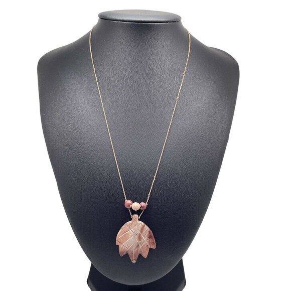 Necklace Women Soapstone Carved Leaf Fall Autum Silver 925 Clasp 17” - Picture 1 of 5